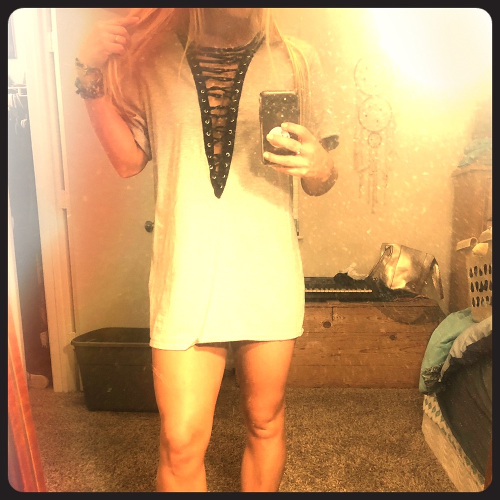 Gray t-shirt dress with black lace up top